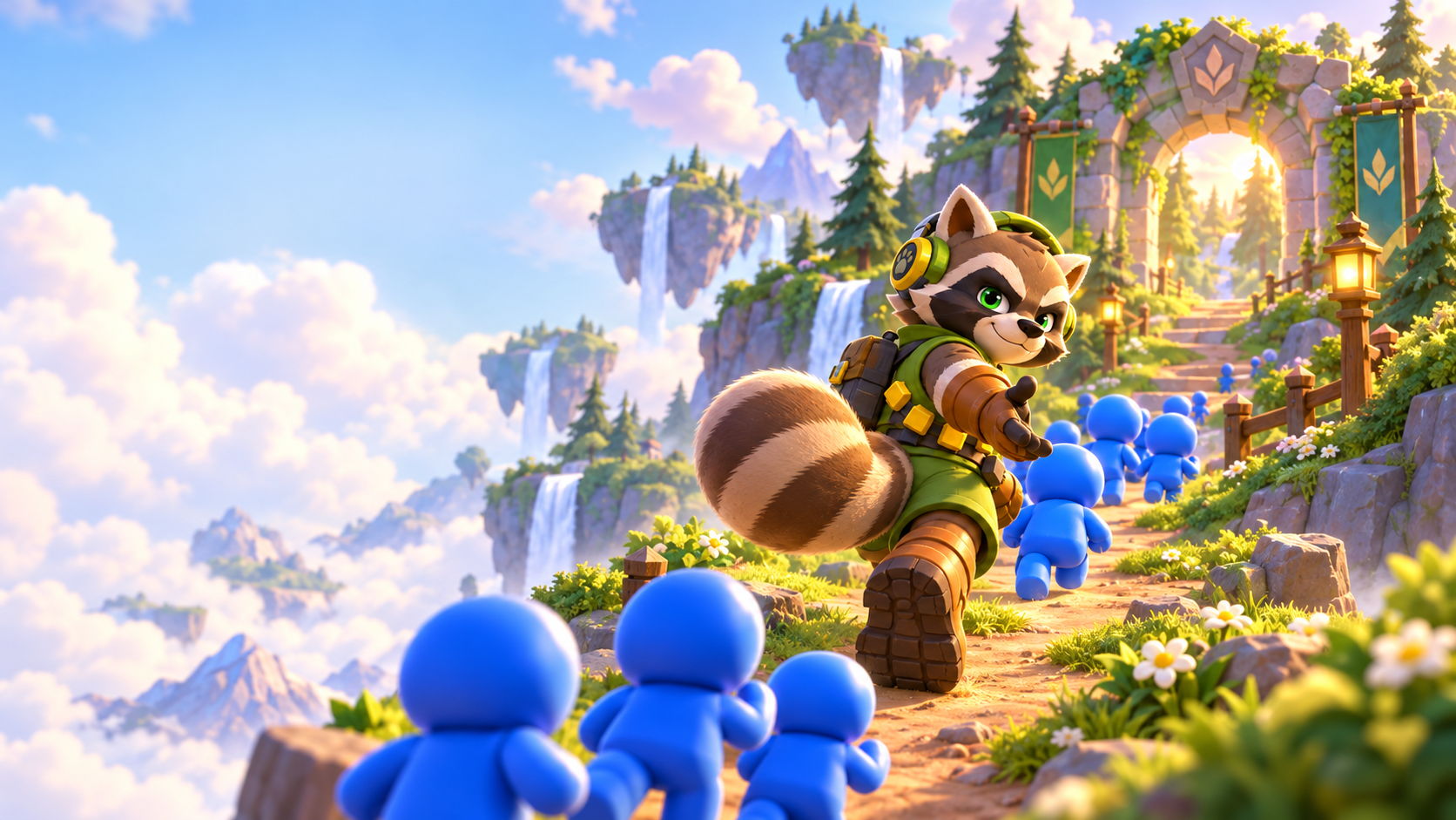 Raccoon hero leads a squad through floating islands